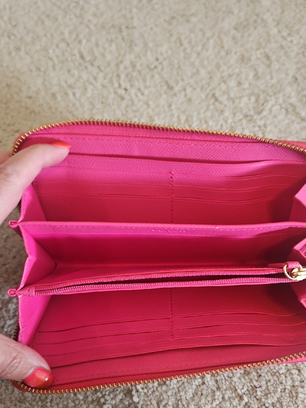 EUC Coach Signature Continental Wallet in Khaki/Brown with Pink Trim - Picture 4 of 16
